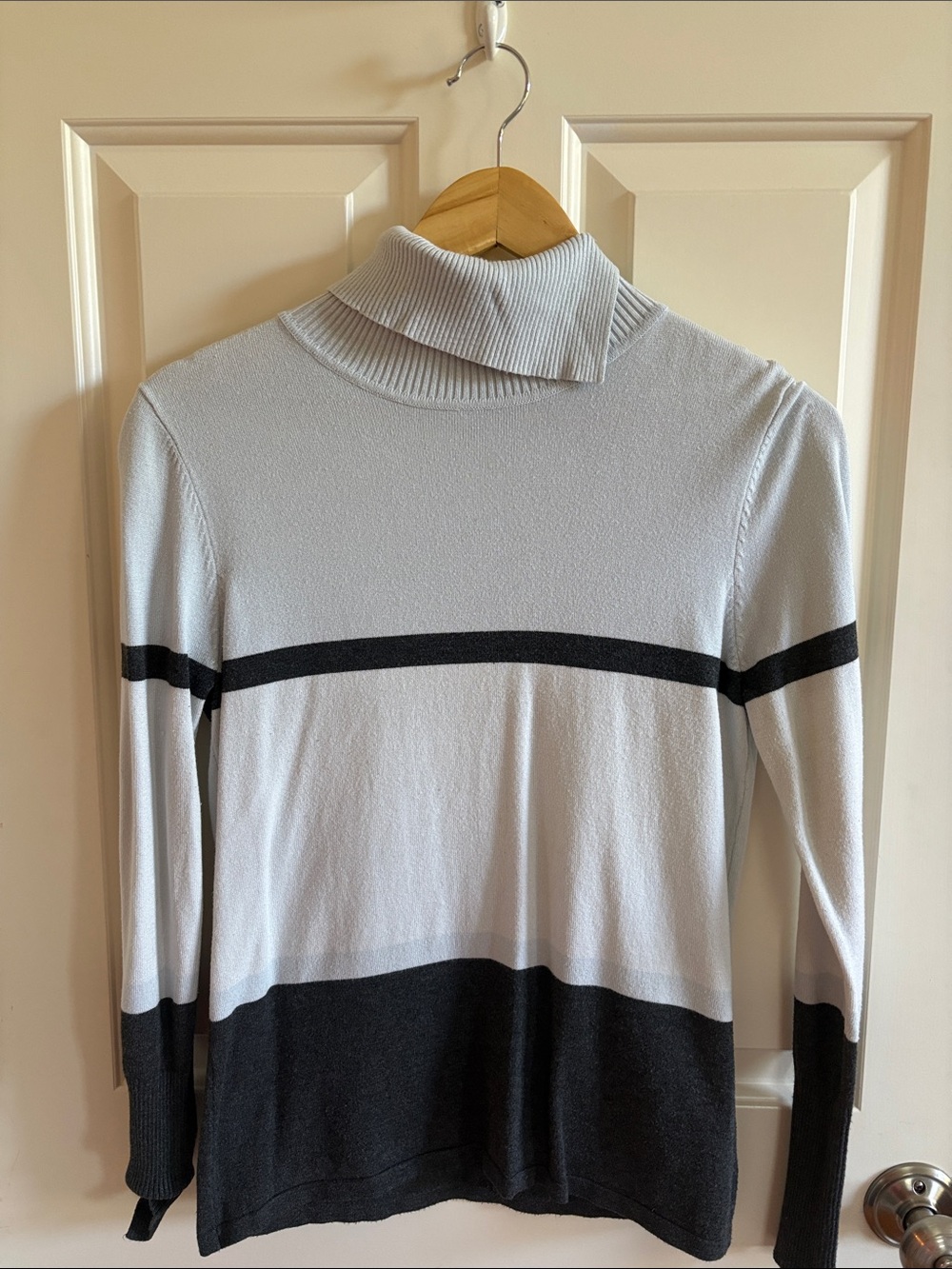 Light Blue and Grey Stripe Split Turtleneck Sweater